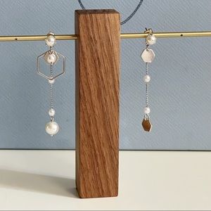 Silver Tone Asymmetrical Dangle Drop Earrings Faux Pearls